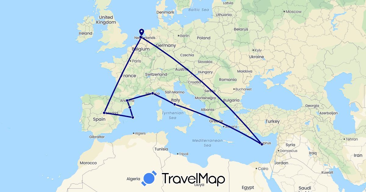 TravelMap itinerary: driving in Andorra, Cyprus, Spain, Italy, Monaco, Netherlands (Asia, Europe)